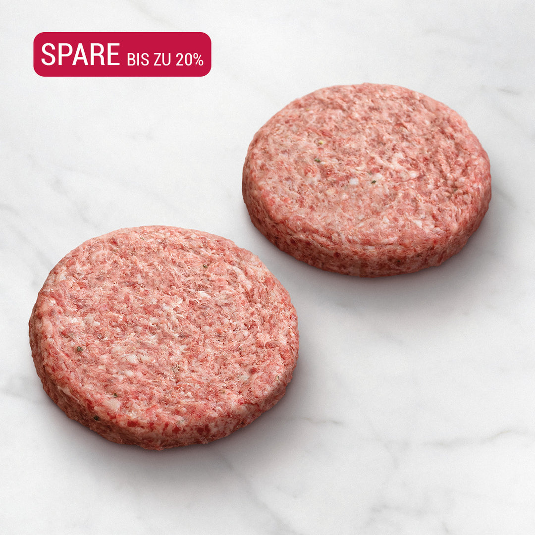 Dry Aged Wagyu Burger Patty, testsieger-fleisch - Wagyu Burger, Wagyu Patties auf weißem Hintergrund, wagyu rind, perfekte burger patties, patties für burger, burger patties tiefgefroren